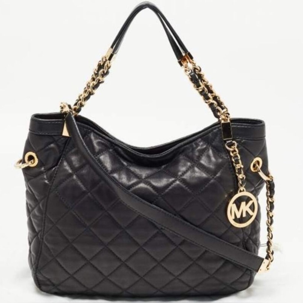 Michael Kors Quilted Leather Shoulder Bag Black Gold Chain MK Tote Purse